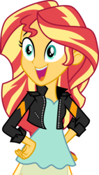 Size: 3000x5269 | Tagged: safe, artist:cloudy glow, sunset shimmer, equestria girls, equestria girls specials, g4, my little pony equestria girls: dance magic, .ai available, clothes, dress, excited, female, high res, jacket, leather jacket, open mouth, simple background, smiling, solo, transparent background, vector