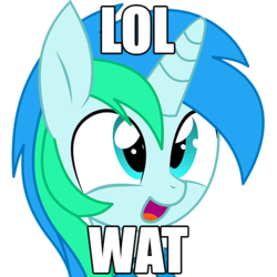 Size: 500x500 | Tagged: safe, artist:cyanlightning, oc, oc only, oc:cyan lightning, pony, unicorn, g4, bust, clothes, colt, cute, image macro, lol, male, meme, ocbetes, open mouth, reaction image, scarf, simple background, solo, transparent background, wat