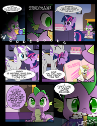 Size: 1275x1650 | Tagged: safe, artist:dsana, spike, trixie, twilight sparkle, twilight velvet, dragon, griffon, pony, comic:the shadow shard, g4, baby, baby spike, book, coffee, comic, donut, female, filly, filly twilight sparkle, flashback, food, marshmallow, younger