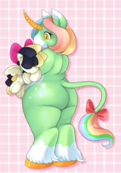 Size: 846x1200 | Tagged: safe, artist:slimefur, songbird serenade, oc, oc only, classical unicorn, pegasus, unicorn, anthro, g4, my little pony: the movie, abstract background, ass, bow, butt, butt freckles, chubby, cloven hooves, curved horn, ear fluff, female, freckles, hair bow, horn, leonine tail, mare, plushie, smiling, solo, tail bow, unshorn fetlocks