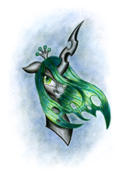 Size: 2220x3130 | Tagged: safe, artist:nightpaint12, queen chrysalis, changeling, changeling queen, g4, bust, evil grin, female, grin, high res, portrait, smiling, solo, traditional art