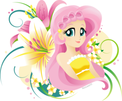 Size: 4297x3566 | Tagged: safe, artist:nstone53, fluttershy, human, g4, bust, clothes, dress, female, flower, humanized, lineless, looking at you, portrait, simple background, smiling, solo, transparent background