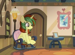 Size: 1280x939 | Tagged: safe, artist:cutiecake122, oc, oc only, oc:northern spring, pony, unicorn, chair, female, rocking chair, sitting, smiling, solo