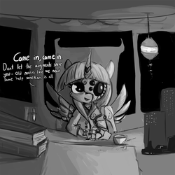 Size: 1271x1271 | Tagged: safe, artist:tjpones, twilight sparkle, alicorn, cyborg, pony, g4, augmented, clothes, dialogue, female, grayscale, looking at you, mare, monochrome, noir, office, older, sitting, solo, talking to viewer, twilight sparkle (alicorn)