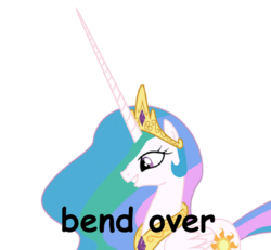 Size: 532x492 | Tagged: artist needed, source needed, safe, edit, princess celestia, alicorn, pony, g4, bend over, female, grin, horn, image macro, impossibly large horn, long horn, mare, meme, pointy horn, simple background, smiling, solo, this will end in pain, white background