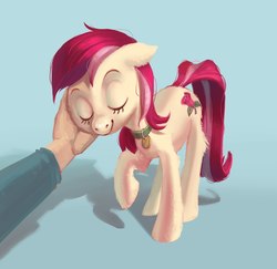 Size: 2225x2160 | Tagged: safe, artist:lis-alis, roseluck, earth pony, human, pony, g4, blue background, collar, commissioner:doom9454, cute, digital art, ear fluff, eyes closed, female, fluffy, hand, high res, human on pony petting, leg fluff, mare, pet tag, petting, pony pet, raised hoof, rosepet, simple background, smiling