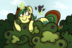 Size: 2067x1392 | Tagged: safe, artist:colouredteapot, oc, oc only, oc:northern spring, bee, pony, unicorn, female, flower, glowing horn, horn, magic, solo, tree