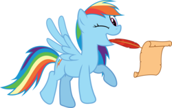 Size: 8558x5374 | Tagged: safe, artist:sinkbon, rainbow dash, pegasus, pony, g4, the mysterious mare do well, .ai available, absurd resolution, female, mare, mouth hold, one eye closed, quill, scroll, simple background, transparent background, vector, wink