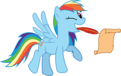 Size: 8558x5374 | Tagged: safe, artist:sinkbon, rainbow dash, pegasus, pony, g4, the mysterious mare do well, .ai available, absurd resolution, female, mare, mouth hold, one eye closed, quill, scroll, simple background, solo, transparent background, vector, wink