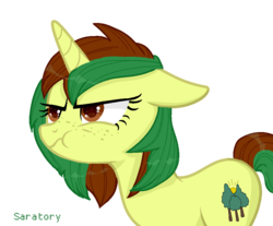 Size: 1000x826 | Tagged: safe, artist:saratory, oc, oc only, oc:northern spring, pony, unicorn, female, freckles, grumpy, puffy cheeks, simple background, solo, sparkly eyes, transparent background