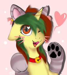 Size: 1079x1200 | Tagged: safe, alternate version, artist:sinigam41, oc, oc only, oc:northern spring, pony, unicorn, bell, bell collar, cat ears, cat paws, collar, fangs, female, floppy ears, freckles, headband, heart, heart eyes, one eye closed, open mouth, paw gloves, paw pads, paw prints, solo, whiskers, wingding eyes, wink, ych result