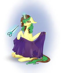 Size: 3379x4000 | Tagged: safe, artist:minty, oc, oc only, oc:northern spring, pony, unicorn, curved horn, fabric, female, glowing horn, hair over one eye, horn, magic, scissors, sitting, solo