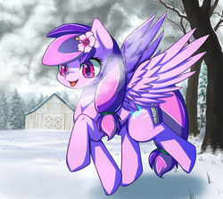 Size: 1850x1650 | Tagged: safe, artist:tangankittentail, oc, oc only, oc:moonlight blossom, pegasus, pony, barn, cloud, cloudy, cute, flower, snow, solo