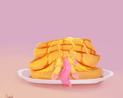 Size: 2500x2000 | Tagged: safe, artist:miokomata, fluttershy, pegasus, pony, g4, both cutie marks, butt, butter, buttstuck, cute, female, flutterbutt, food, gradient background, high res, maple syrup, mare, plate, plot, ponies in food, prone, rear view, shyabetes, solo, spread wings, stuck, this will end in weight gain, underhoof, waffle, wings