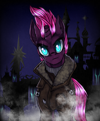 Size: 1594x1930 | Tagged: safe, artist:not-ordinary-pony, tempest shadow, pony, unicorn, g4, my little pony: the movie, b.j. blazkowicz, broken horn, canterlot, clothes, crossover, eye scar, female, horn, jacket, looking at you, mare, scar, solo, wolfenstein