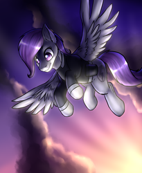 Size: 1594x1942 | Tagged: dead source, safe, artist:not-ordinary-pony, oc, oc only, oc:morning glory (project horizons), pegasus, pony, fallout equestria, fallout equestria: project horizons, clothes, female, flying, mare, solo, sunrise