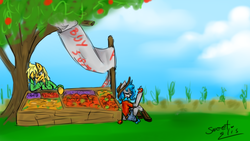 Size: 1920x1080 | Tagged: safe, artist:elisdoominika, applejack, oc, oc:sweet elis, semi-anthro, g4, apple, apple stand, apple tree, bored, cloud, field, food, tree