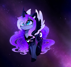 Size: 1972x1853 | Tagged: safe, artist:magnaluna, princess luna, alicorn, pony, :<, alternate universe, cheek fluff, chest fluff, coat markings, colored ears, colored wings, curved horn, cute, ear fluff, ethereal mane, featured image, female, flying, galaxy, galaxy mane, leg fluff, lunabetes, mare, multicolored wings, solo, spread wings, starry backdrop, starry mane, stars, sweet dreams fuel, swirly markings, wing fluff, wings