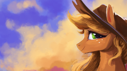 Size: 1920x1080 | Tagged: safe, artist:hierozaki, applejack, earth pony, pony, g4, cowboy hat, cute, female, freckles, hat, looking at you, mare, smiling, solo, stetson