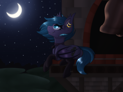Size: 4000x3000 | Tagged: safe, artist:red_moonwolf, oc, oc only, oc:belfry towers, bat pony, bell, clothes, dock, eyeshadow, female, high res, jewelry, looking up, makeup, moon, necklace, on side, piercing, prone, resting, sky, smiling, socks, solo, starry night, stars, tower