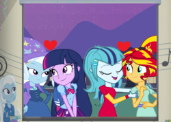 Size: 2712x1936 | Tagged: safe, artist:andrestoons, artist:invisibleink, artist:sketchmcreations, artist:themexicanpunisher, artist:trixiesparkle63, sonata dusk, sunset shimmer, trixie, twilight sparkle, equestria girls, g4, clothes, eyes closed, female, lesbian, ship:sunata, ship:twixie, shipping, twilight sparkle (alicorn)
