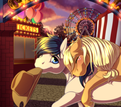 Size: 1322x1172 | Tagged: safe, artist:kittehkatbar, applejack, oc, oc:constance everheart, pony, g4, canon x oc, carnival, commission, cowboy hat, duo, everjack, eyes closed, female, ferris wheel, freckles, hat, male, shipping, sleeping, stetson, straight, sunset
