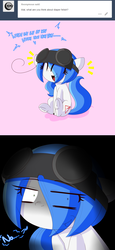 Size: 3500x7625 | Tagged: safe, artist:fullmetalpikmin, oc, oc only, oc:mal, earth pony, pony, tumblr:ask viewing pleasure, 2 panel comic, ask, comic, female, frog (hoof), goggles, hair over one eye, laughing, looking at you, mare, no, tumblr, underhoof