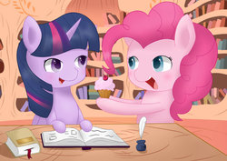 Size: 1600x1131 | Tagged: safe, artist:zoxriver503, pinkie pie, twilight sparkle, alicorn, earth pony, pony, g4, book, cupcake, cute, diapinkes, duo, female, food, golden oaks library, looking at each other, mare, smiling, twiabetes, twilight sparkle (alicorn)