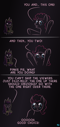 Size: 567x1196 | Tagged: safe, artist:quint-t-w, pinkie pie, princess cadance, g4, comic, dialogue, fourth wall, fourth wall destruction, gradient background, implied shipping, looking at you, meta, princess of shipping, shipper on deck, shipper pie, shipping, talking, underhoof