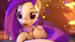 Size: 3840x2160 | Tagged: safe, artist:lunalewdie, oc, oc only, oc:takahashi, pegasus, pony, 3d, 4k, :p, bowtie, christmas, christmas tree, cute, female, high res, holiday, looking at you, lying down, solo, source filmmaker, tongue out, tree