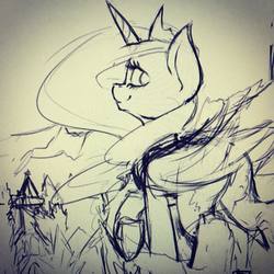 Size: 1080x1080 | Tagged: safe, artist:blvckmagic, princess luna, pony, g4, female, looking back, mare, monochrome, sketch, smiling, solo
