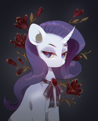 Size: 1745x2160 | Tagged: safe, artist:dagmell, rarity, pony, unicorn, g4, blue eyes, bow-knot, chromatic aberration, clothes, curved horn, female, flower, gem, horn, looking at you, magnolia, purple hair, ruby, solo, tape