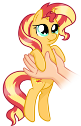 Size: 3501x5429 | Tagged: safe, artist:sugar-loop, sunset shimmer, human, pony, unicorn, g4, cute, disembodied hand, hand, holding a pony, offscreen character, shimmerbetes, simple background, transparent background, weapons-grade cute