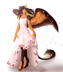 Size: 2689x3070 | Tagged: safe, artist:blackblood-queen, oc, oc only, oc:daniel dasher, dracony, hybrid, pegasus, anthro, unguligrade anthro, anthro oc, clothes, cloven hooves, crossdressing, dress, high res, leonine tail, male, solo, stallion, wings