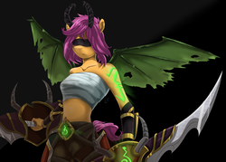 Size: 2100x1500 | Tagged: safe, artist:redheadfly, scootaloo, anthro, g4, bandage, blindfold, clothes, demon hunter, female, horns, mare, older, older scootaloo, solo, warcraft, weapon, world of warcraft