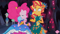 Size: 600x338 | Tagged: safe, screencap, captain planet, derpy hooves, flash sentry, lyra heartstrings, paisley, pinkie pie, sunset shimmer, equestria girls, g4, legend of everfree - bloopers, my little pony equestria girls: legend of everfree, animated, crystal gala, crystal gala dress, female, finger gun, finger guns, food, marshmallow, pinkie prick