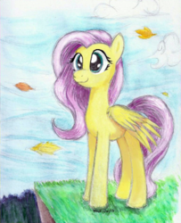 Size: 760x936 | Tagged: safe, artist:astevenamedwolf, fluttershy, pegasus, pony, g4, female, pixelated, smiling, solo, standing, traditional art, wings