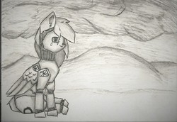 Size: 1699x1170 | Tagged: safe, artist:diane-thorough, oc, oc only, oc:solar breeze, pegasus, pony, robot, robot pony, fallout equestria, ink, male, sitting, sketch, solo, wasteland