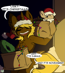 Size: 1704x1901 | Tagged: safe, artist:bbsartboutique, oc, oc only, pony, unicorn, armpits, box, chest fluff, christmas, christmas lights, dialogue, eyes closed, hat, holiday, santa hat, wreath