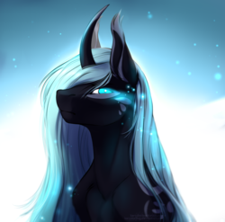 Size: 859x847 | Tagged: dead source, source needed, safe, artist:rrusha, oc, oc only, pony, unicorn, abstract background, blue background, bust, curved horn, ear fluff, female, glowing, glowing eyes, horn, long mane, looking at you, markings, simple background, solo, white background