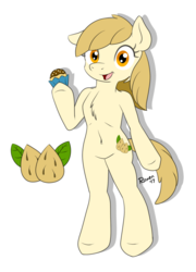 Size: 992x1376 | Tagged: safe, artist:roxenmaratoun, oc, oc only, oc:almond milk, earth pony, semi-anthro, almond, chest fluff, cupcake, cutie mark, female, food, hoof hold, simple background, solo, white background