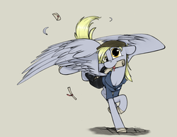 Size: 1550x1200 | Tagged: safe, artist:sinrar, derpy hooves, pegasus, pony, g4, clothes, cute, female, floppy ears, hat, mail, mailbag, mailmare, mare, scroll, solo, spread wings, wings