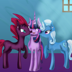 Size: 1536x1536 | Tagged: safe, artist:commandereclipse, fizzlepop berrytwist, tempest shadow, trixie, twilight sparkle, alicorn, pony, g4, my little pony: the movie, female, lesbian, ship:tempestlight, ship:twixie, shipping, twilight sparkle (alicorn)