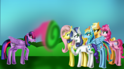 Size: 1024x573 | Tagged: safe, artist:commandereclipse, applejack, fluttershy, pinkie pie, rainbow dash, rarity, twilight sparkle, alicorn, pony, g4, hypnosis, mane six, twilight sparkle (alicorn)