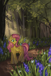 Size: 2700x4000 | Tagged: safe, artist:xjenn9, fluttershy, butterfly, pegasus, pony, g4, crepuscular rays, female, flower, folded wings, forest, looking at something, path, scenery, solo, turned head, walking