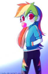 Size: 800x1221 | Tagged: safe, artist:riouku, rainbow dash, equestria girls, g4, my little pony equestria girls: better together, ass, blowing bubbles, bubblegum, butt, clothes, food, gum, hand in pocket, hoodie, looking at you, looking back, pants, rainbutt dash, turning