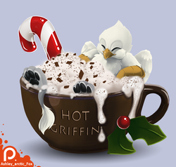 Size: 1000x950 | Tagged: safe, artist:arctic-fox, oc, oc only, oc:der, griffon, candy, candy cane, chocolate, cup, eyes closed, food, hot chocolate, male, micro, paw pads, paws, solo