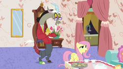 Size: 1280x720 | Tagged: safe, screencap, discord, fluttershy, draconequus, pegasus, pony, discordant harmony, g4, clothes, cup, discord's house, food, glasses, mirror, pants, sandwich, sweater, teacup, teapot