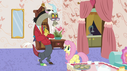 Size: 1280x720 | Tagged: safe, screencap, discord, fluttershy, draconequus, pegasus, pony, discordant harmony, g4, clothes, cup, discord's house, food, glasses, mirror, pants, sandwich, sweater, teacup, teapot