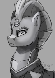 Size: 1600x2263 | Tagged: safe, artist:elary-chan, tempest shadow, g4, my little pony: the movie, broken horn, bust, female, frown, horn, monochrome, portrait, signature, solo